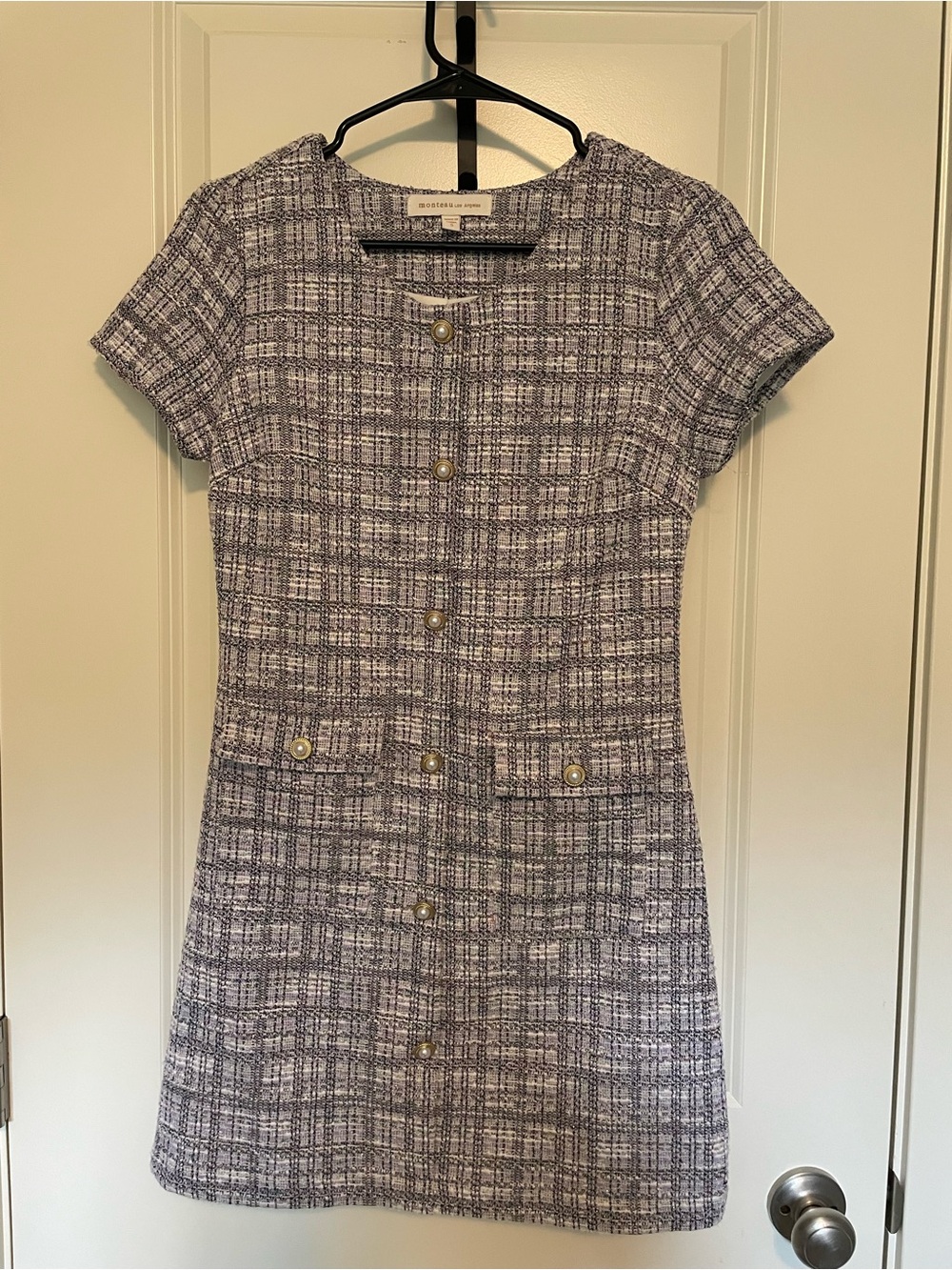 Monteau Lavender-White Tweed Button Shift Dress